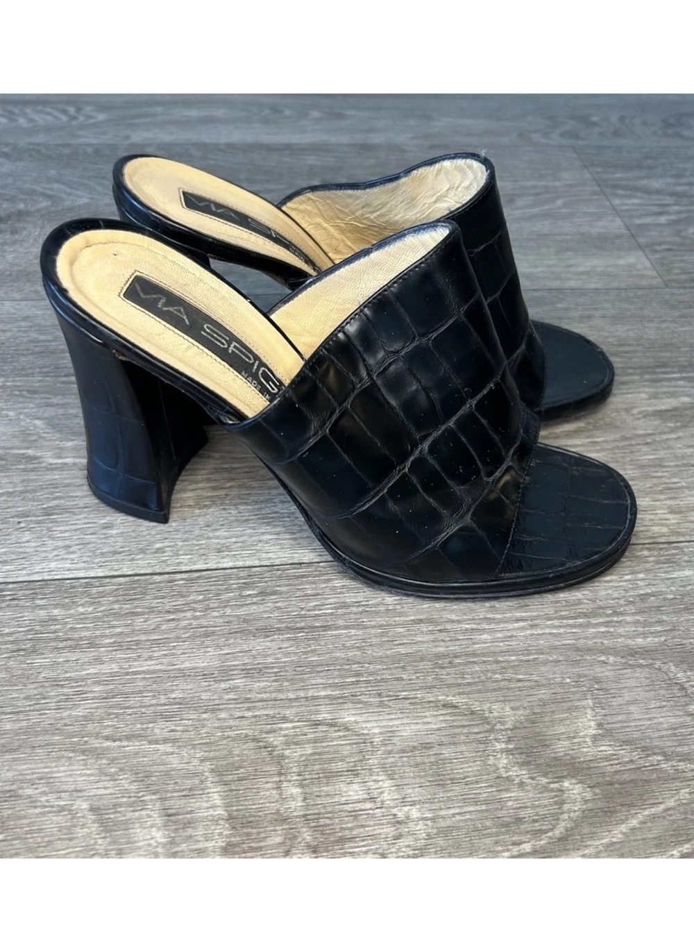Vintage Via Spiga Black Croc Embossed Leather Mule Heels Italy Made 5.5 Y2K
